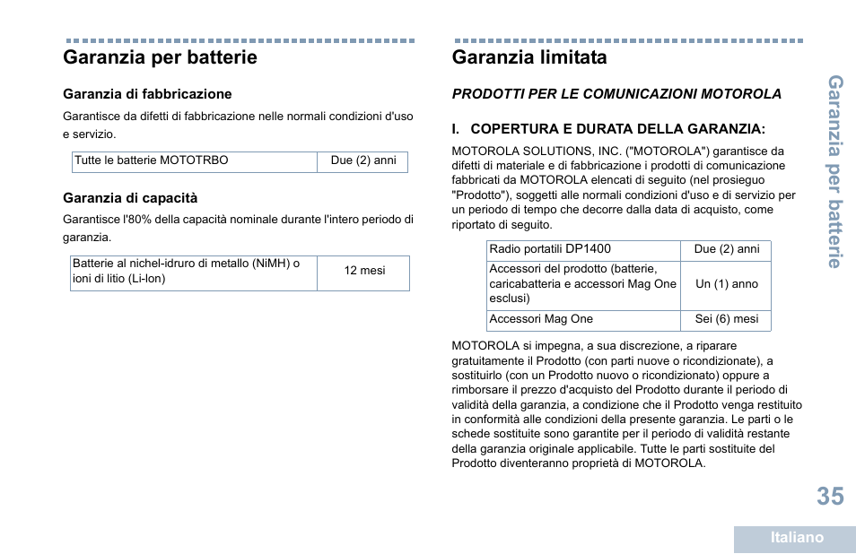 Garanzia per batterie, Garanzia di fabbricazione, Garanzia di capacità | Garanzia limitata, Prodotti per le comunicazioni motorola, I. copertura e durata della garanzia | Motorola DP 1400 User Manual | Page 175 / 402