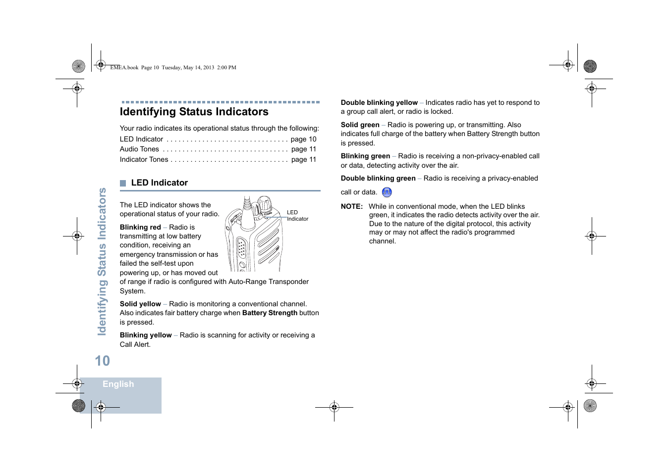 Identifying status indicators, Led indicator, Identifying s tatus indicators | Motorola DP 1400 User Manual | Page 18 / 402