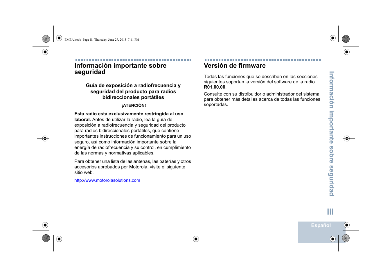 Información importante sobre seguridad, Versión de firmware | Motorola DP 1400 User Manual | Page 181 / 402