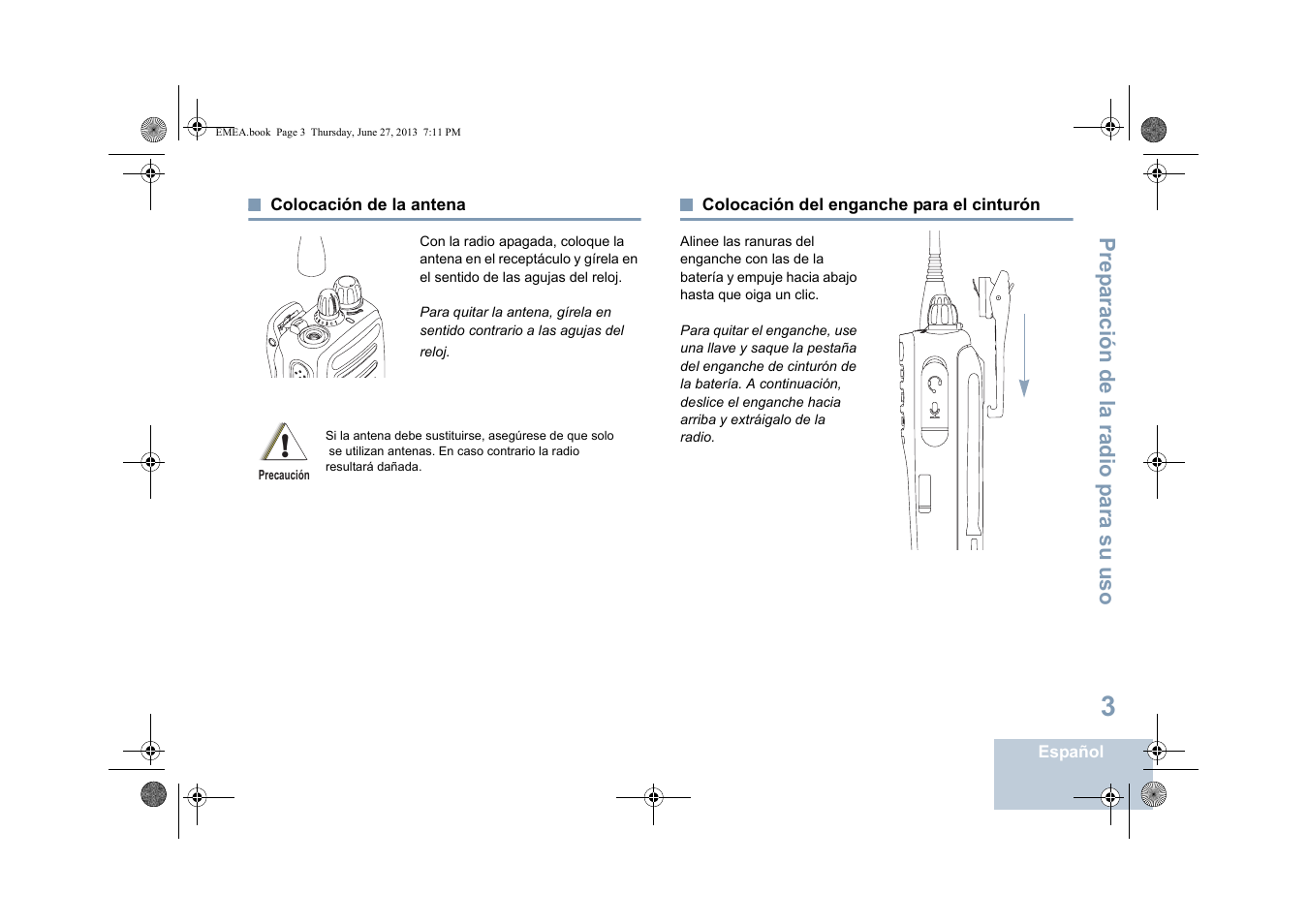 Colocación de la antena, Colocación del enganche para el cinturón | Motorola DP 1400 User Manual | Page 187 / 402