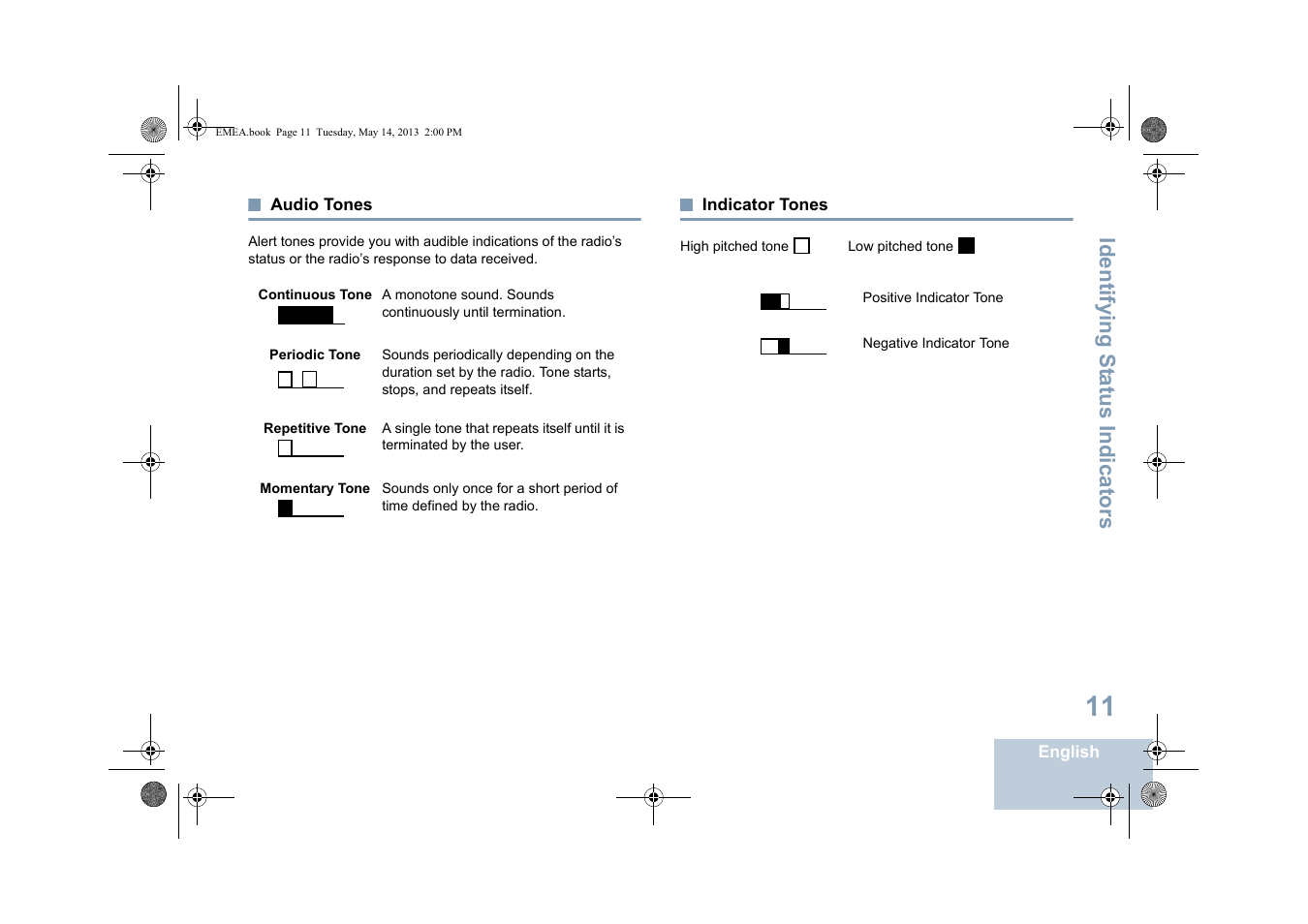 Audio tones, Indicator tones, Audio tones indicator tones | Identifying s tatus indicators | Motorola DP 1400 User Manual | Page 19 / 402