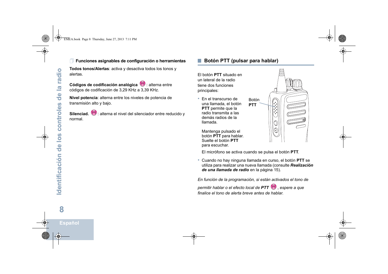 Botón ptt (pulsar para hablar), Identificación de los co nt roles de la ra dio | Motorola DP 1400 User Manual | Page 192 / 402