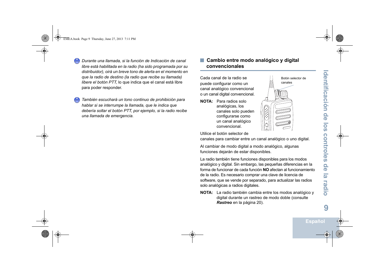 Cambio entre modo analógico y digital, Convencionales, Identificación de los controles de la radio | Motorola DP 1400 User Manual | Page 193 / 402