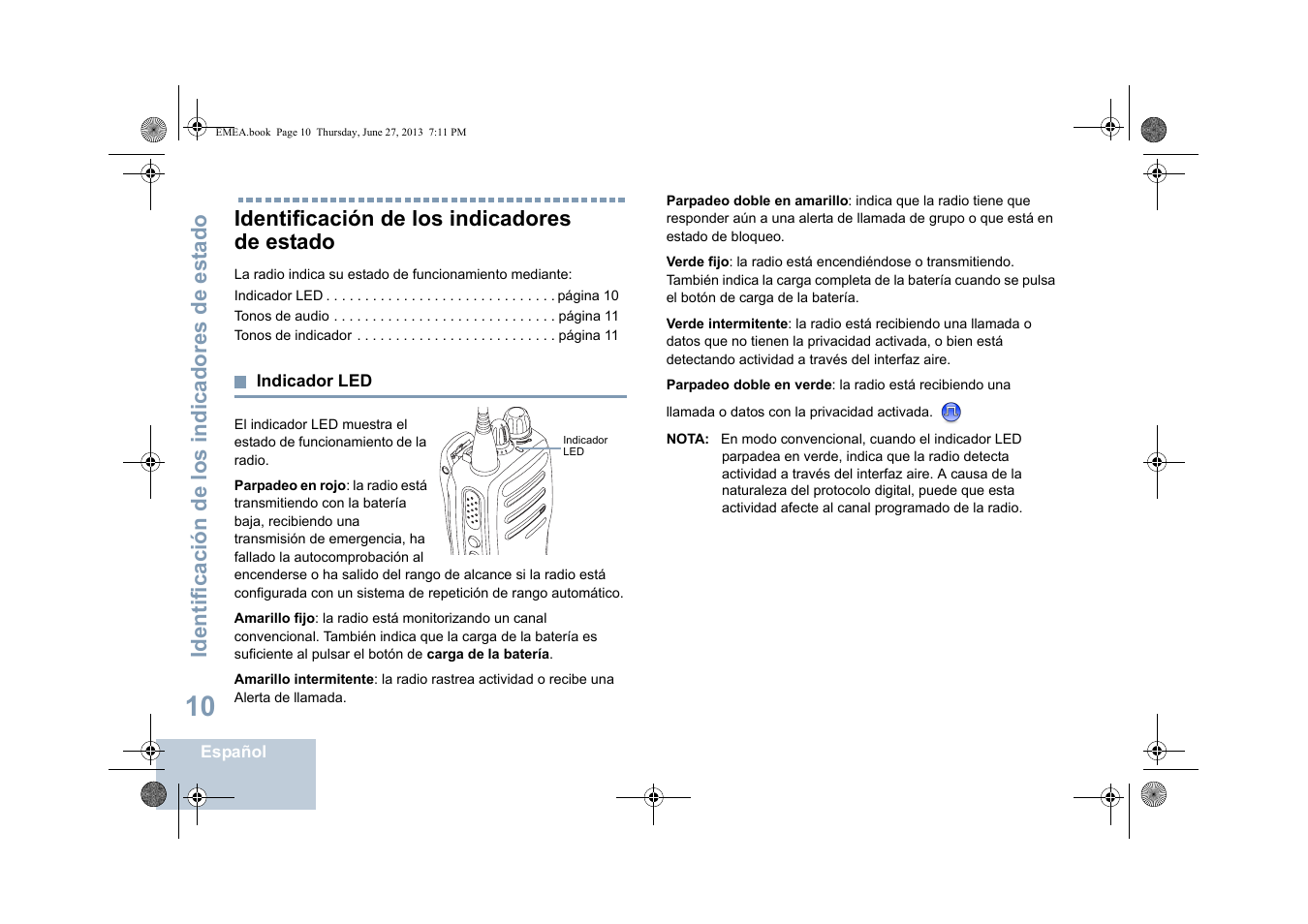 Identificación de los indicadores de estado, Indicador led, Identificación de los indicadores de est ado | Motorola DP 1400 User Manual | Page 194 / 402