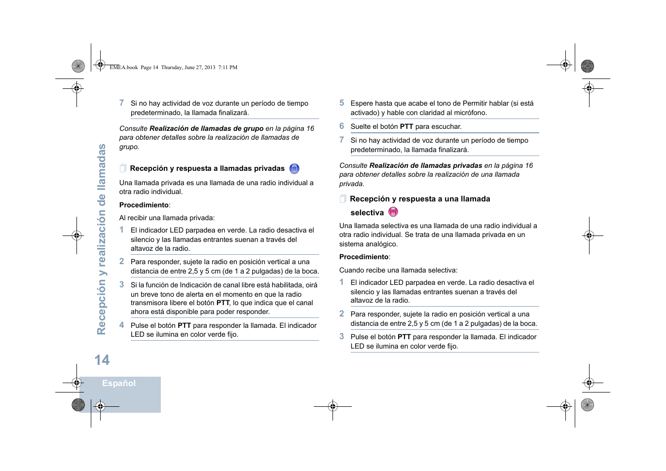 Recepción y respuesta a llamadas privadas, Recepción y realización de llamadas | Motorola DP 1400 User Manual | Page 198 / 402