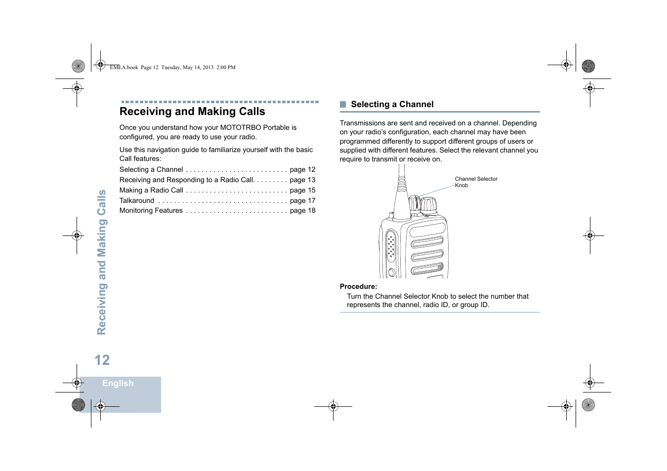 Receiving and making calls, Selecting a channel | Motorola DP 1400 User Manual | Page 20 / 402