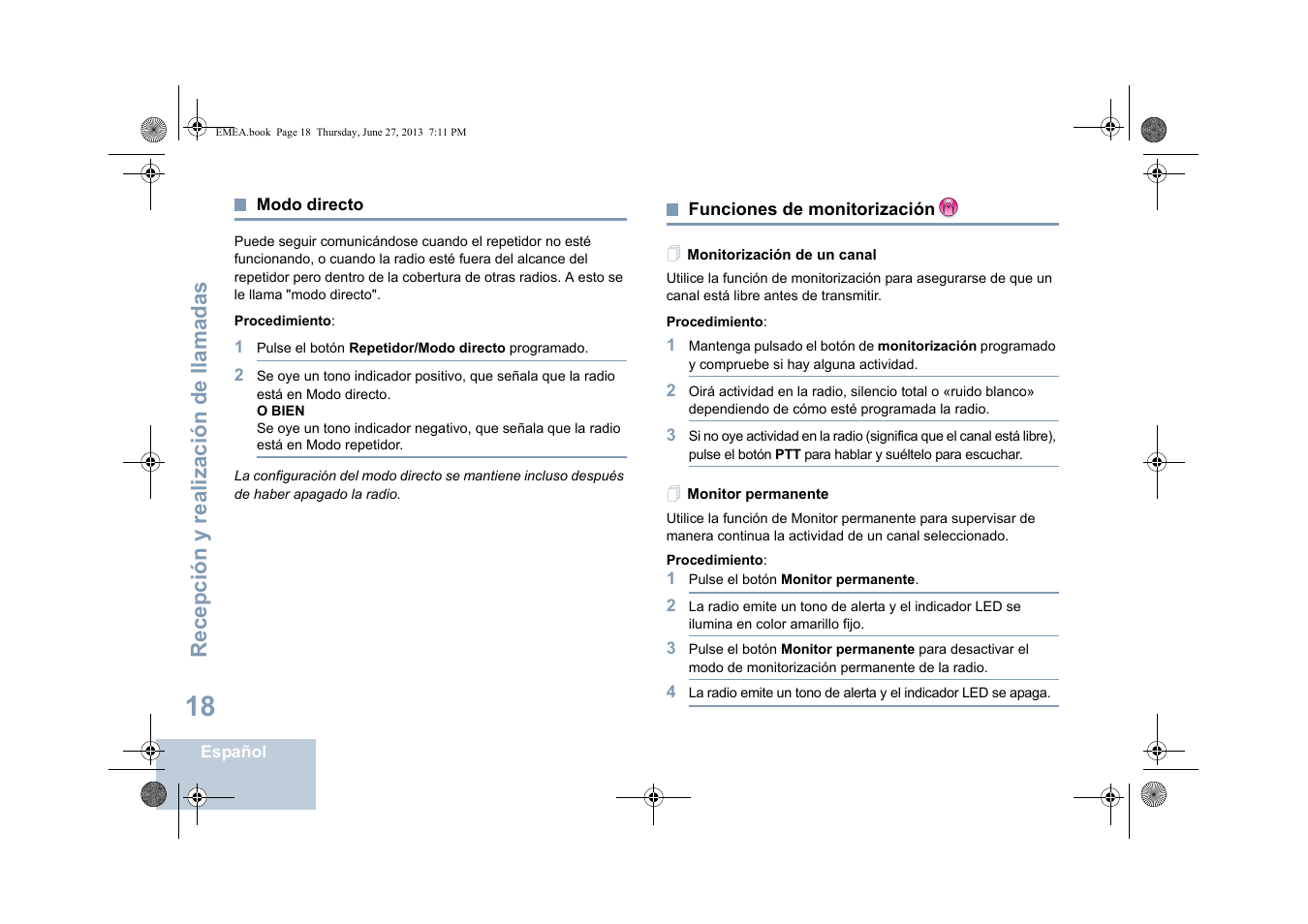 Modo directo, Funciones de monitorización, Monitorización de un canal | Monitor permanente, Modo directo funciones de monitorización, Monitorización de un canal monitor permanente, Recepción y realización de llamadas | Motorola DP 1400 User Manual | Page 202 / 402