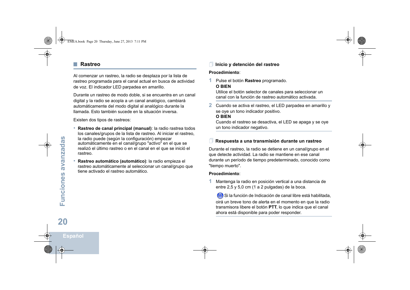 Rastreo, Inicio y detención del rastreo, Respuesta a una transmisión durante un rastreo | Funciones avanzadas | Motorola DP 1400 User Manual | Page 204 / 402