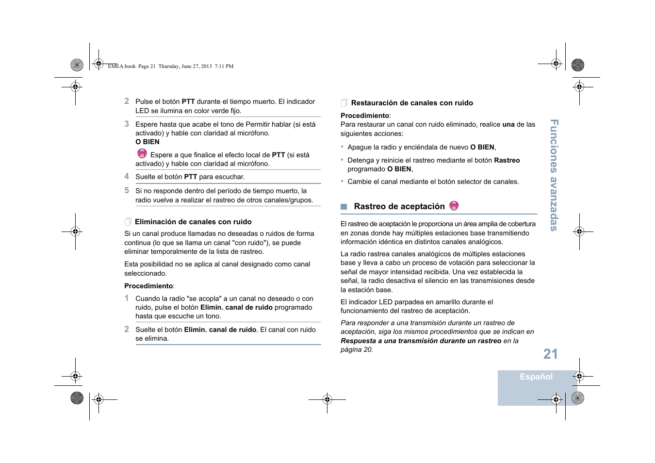 Eliminación de canales con ruido, Restauración de canales con ruido, Rastreo de aceptación | Funciones avanzadas | Motorola DP 1400 User Manual | Page 205 / 402