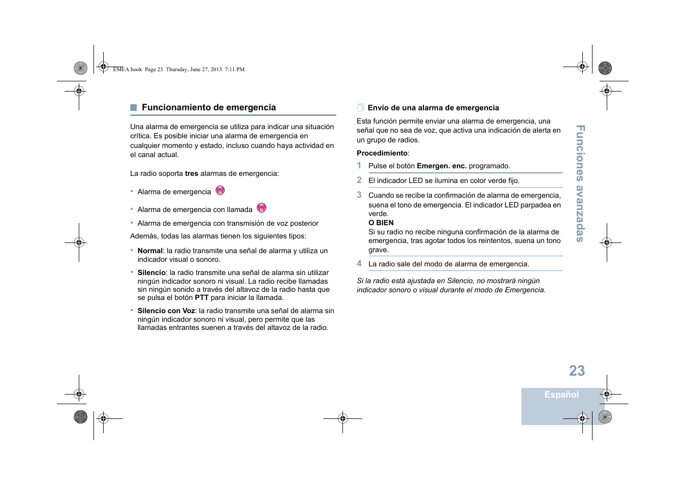 Funcionamiento de emergencia, Envío de una alarma de emergencia, Funciones avanzadas | Motorola DP 1400 User Manual | Page 207 / 402