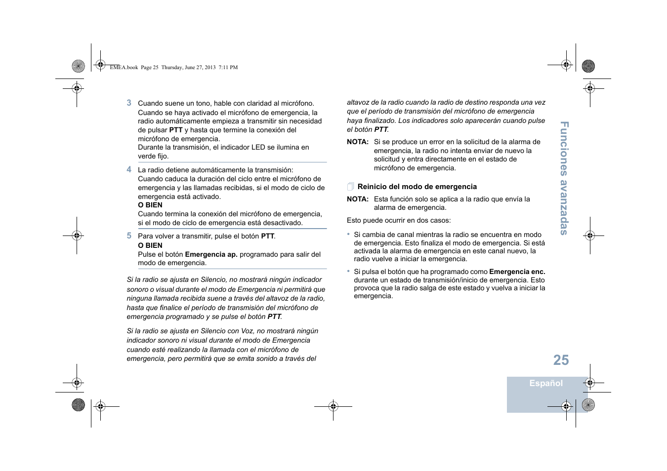 Reinicio del modo de emergencia, Funciones avanzadas | Motorola DP 1400 User Manual | Page 209 / 402