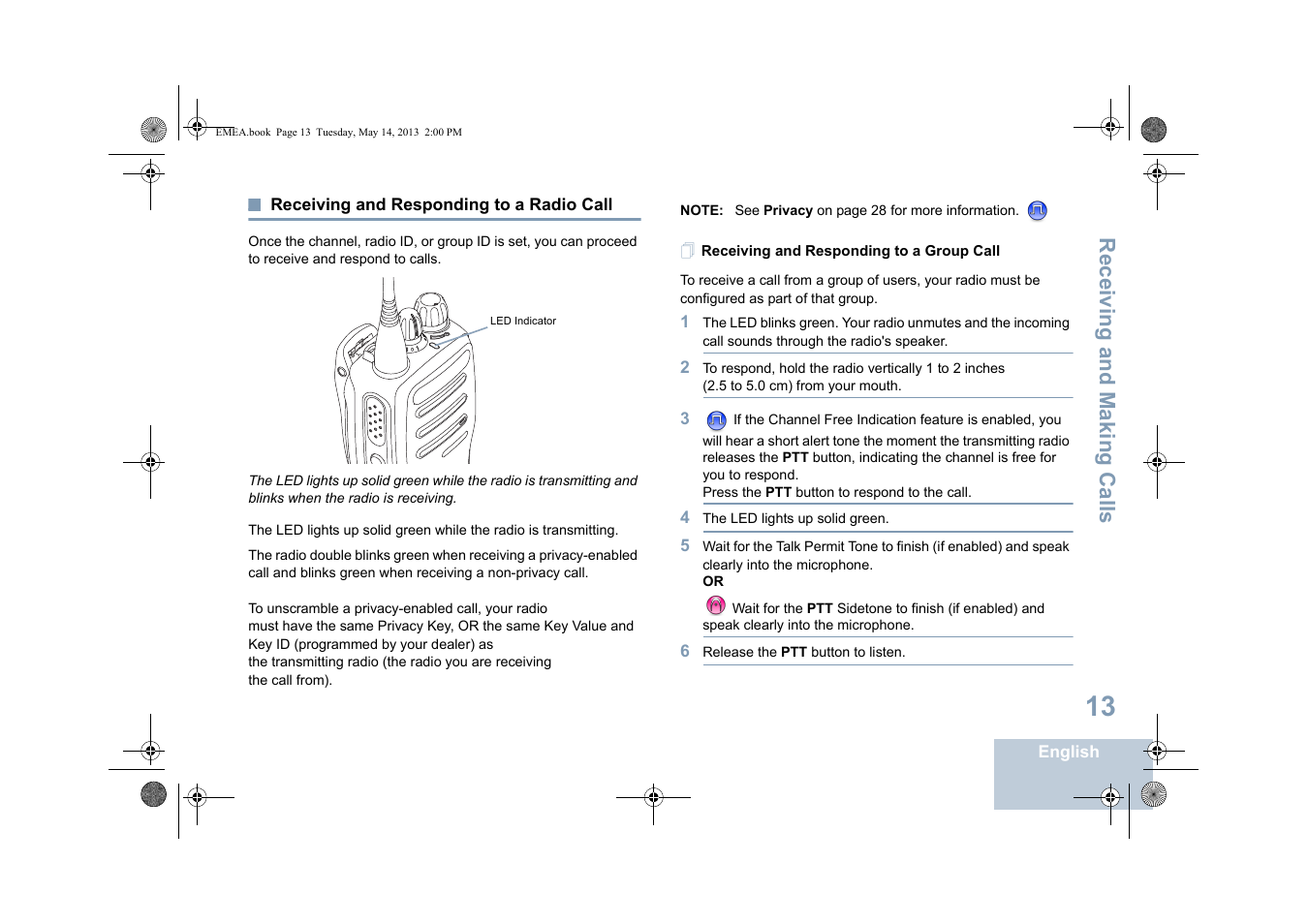 Receiving and responding to a radio call, Receiving and responding to a group call, Receiving and making calls | Motorola DP 1400 User Manual | Page 21 / 402