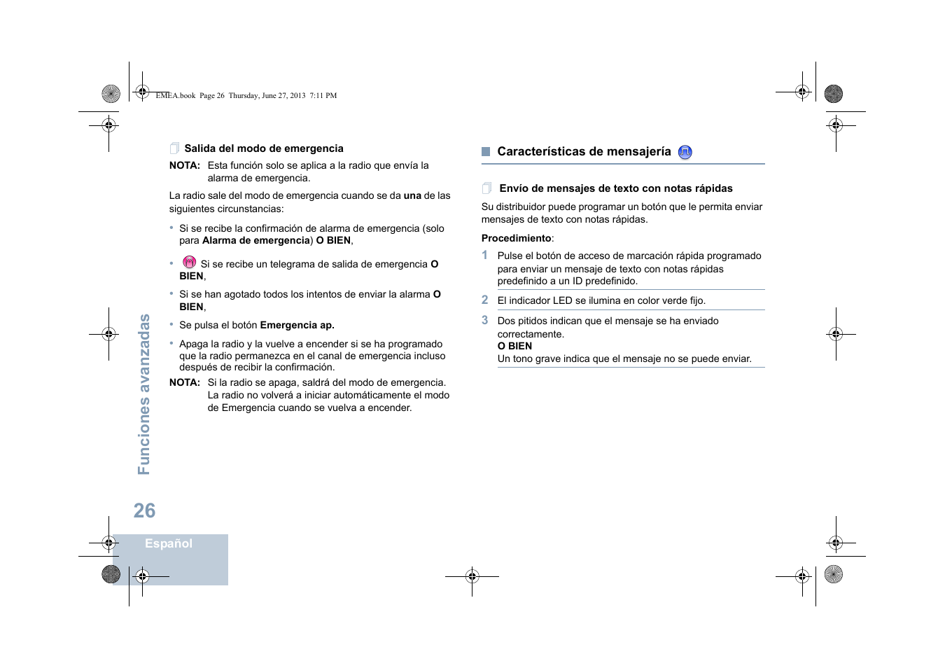 Salida del modo de emergencia, Características de mensajería, Envío de mensajes de texto con notas rápidas | Funciones avanzadas | Motorola DP 1400 User Manual | Page 210 / 402