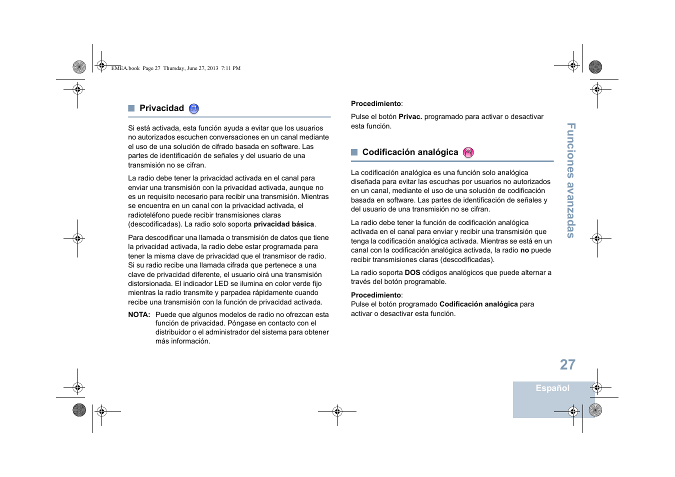 Privacidad, Codificación analógica, Privacidad codificación analógica | Funciones avanzadas | Motorola DP 1400 User Manual | Page 211 / 402