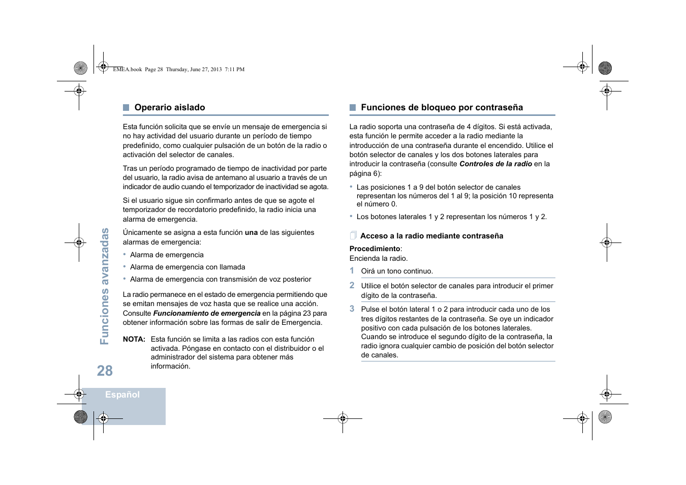 Operario aislado, Funciones de bloqueo por contraseña, Acceso a la radio mediante contraseña | Funciones avanzadas | Motorola DP 1400 User Manual | Page 212 / 402