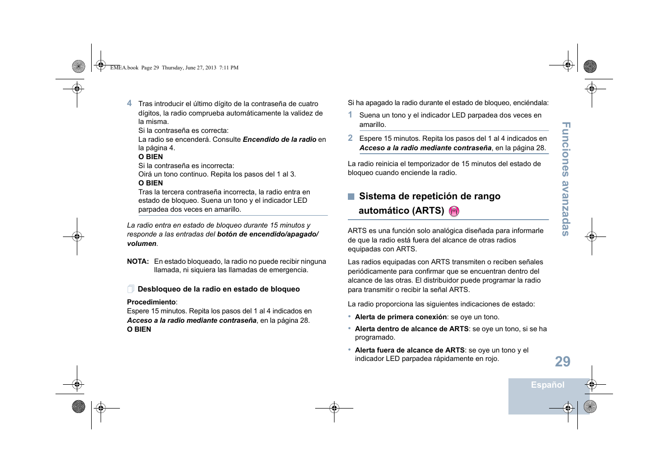 Desbloqueo de la radio en estado de bloqueo, Sistema de repetición de rango automático (arts), Funciones avanzadas | Motorola DP 1400 User Manual | Page 213 / 402