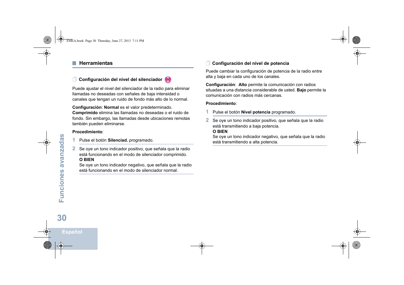 Herramientas, Configuración del nivel del silenciador, Configuración del nivel de potencia | Funciones avanzadas | Motorola DP 1400 User Manual | Page 214 / 402