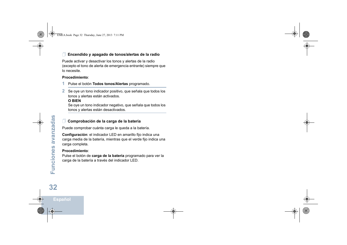 Encendido y apagado de tonos/alertas de la radio, Comprobación de la carga de la batería, Funciones avanzadas | Motorola DP 1400 User Manual | Page 216 / 402