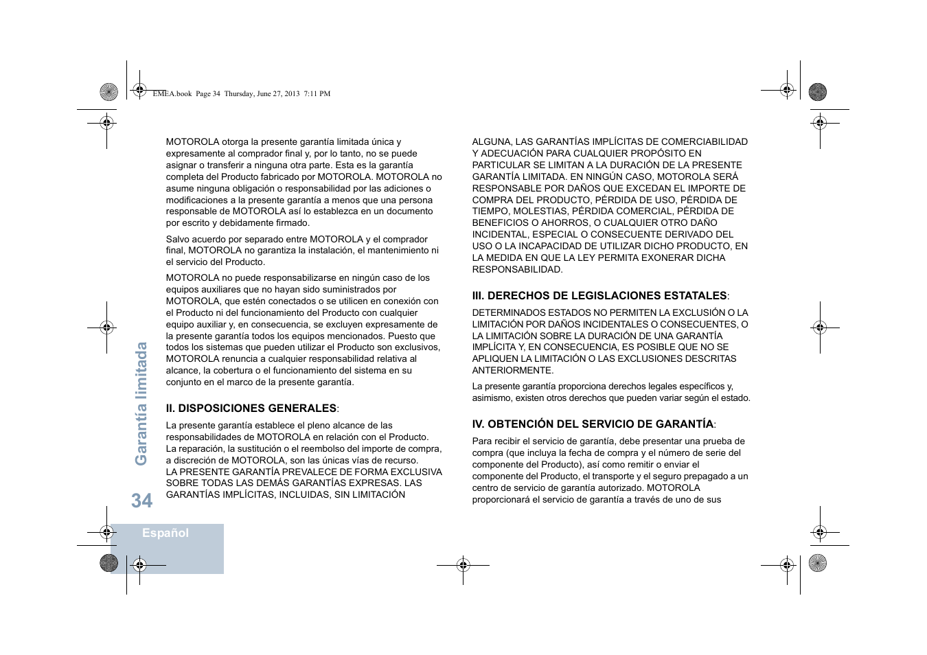 Ii. disposiciones generales, Iii. derechos de legislaciones estatales, Iv. obtención del servicio de garantía | Garantía limit ada | Motorola DP 1400 User Manual | Page 218 / 402