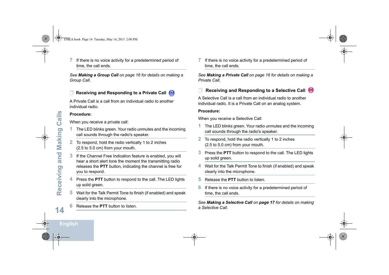 Receiving and responding to a private call, Receiving and making calls | Motorola DP 1400 User Manual | Page 22 / 402