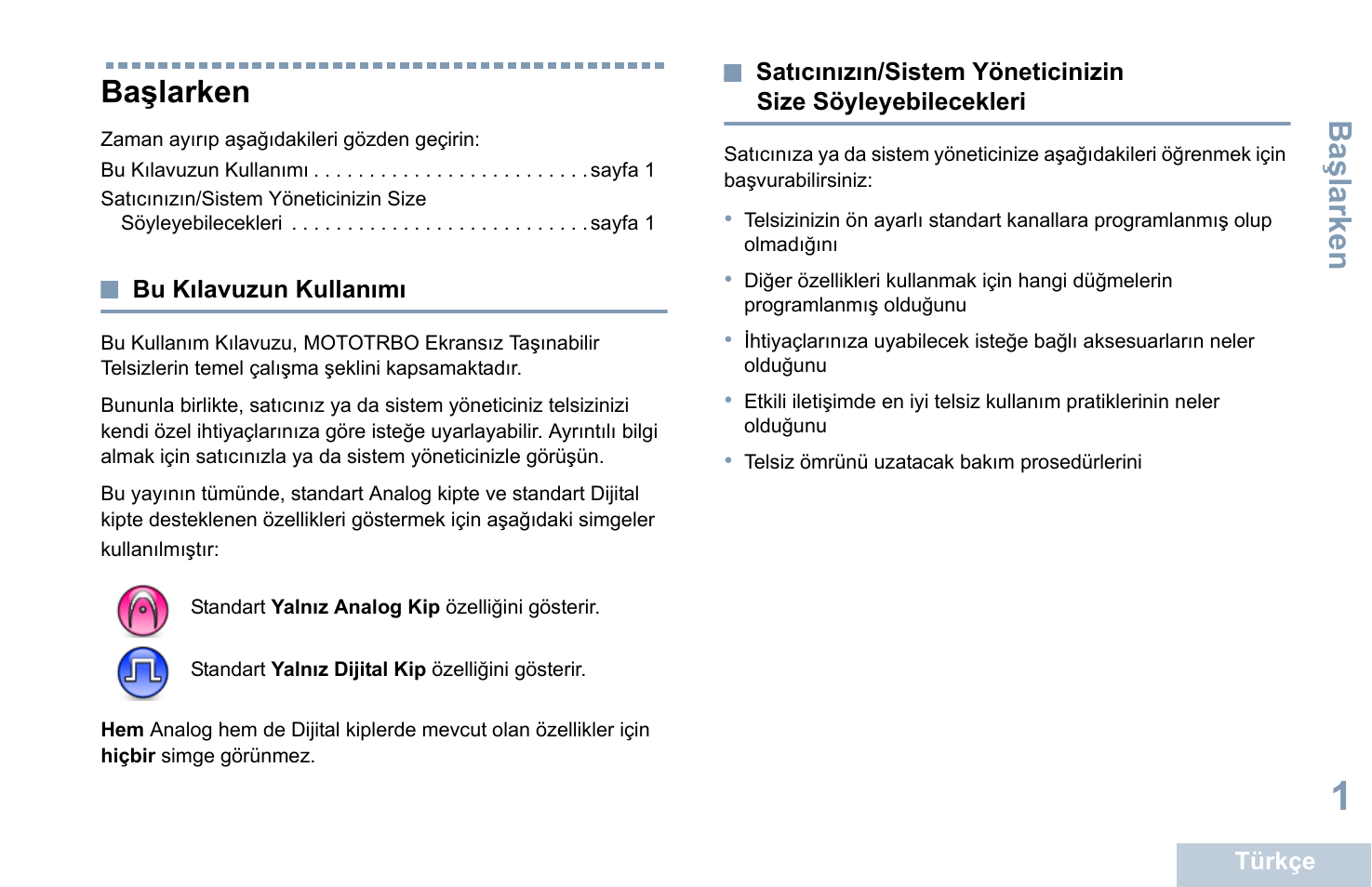 Başlarken, Bu kılavuzun kullanımı, Ba şlarken | Motorola DP 1400 User Manual | Page 227 / 402