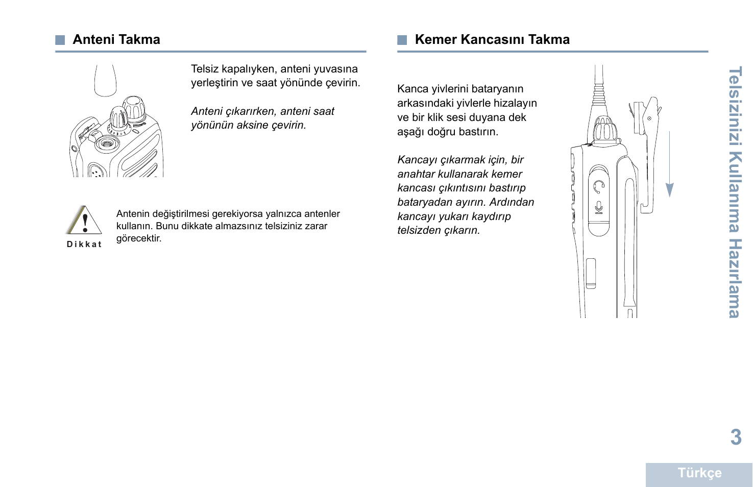 Anteni takma, Kemer kancasını takma, Anteni takma kemer kancasını takma | Sayfa 3 kemer kancasını takma, Sayfa 3 | Motorola DP 1400 User Manual | Page 229 / 402