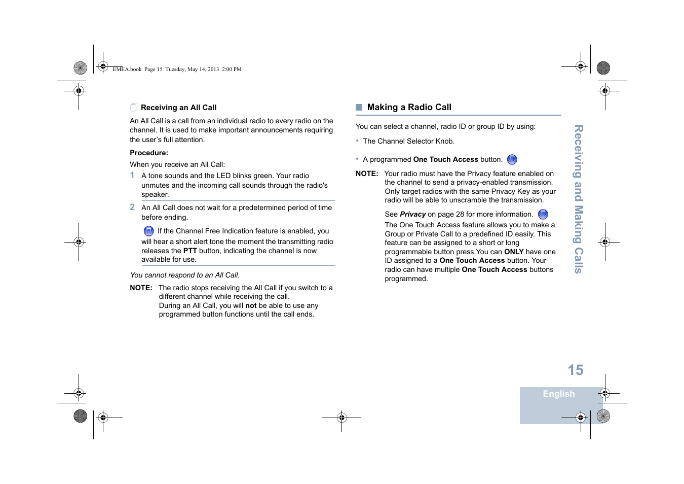 Receiving an all call, Making a radio call, Receiving and making calls | Motorola DP 1400 User Manual | Page 23 / 402