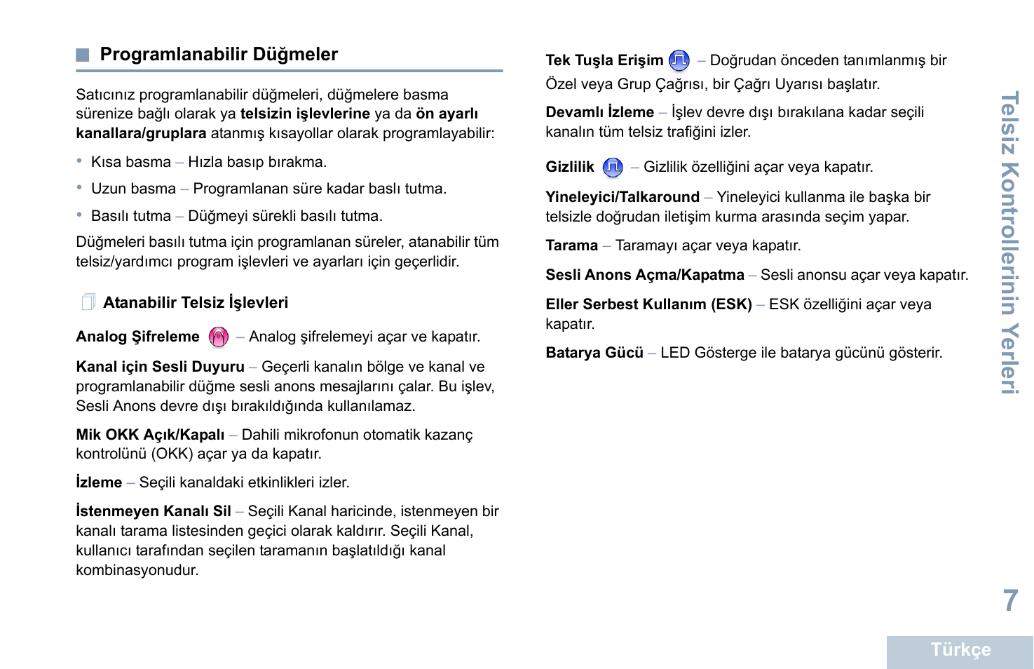 Programlanabilir düğmeler, Atanabilir telsiz işlevleri, Sayfa 7 | Te lsiz kontrollerinin y erleri | Motorola DP 1400 User Manual | Page 233 / 402