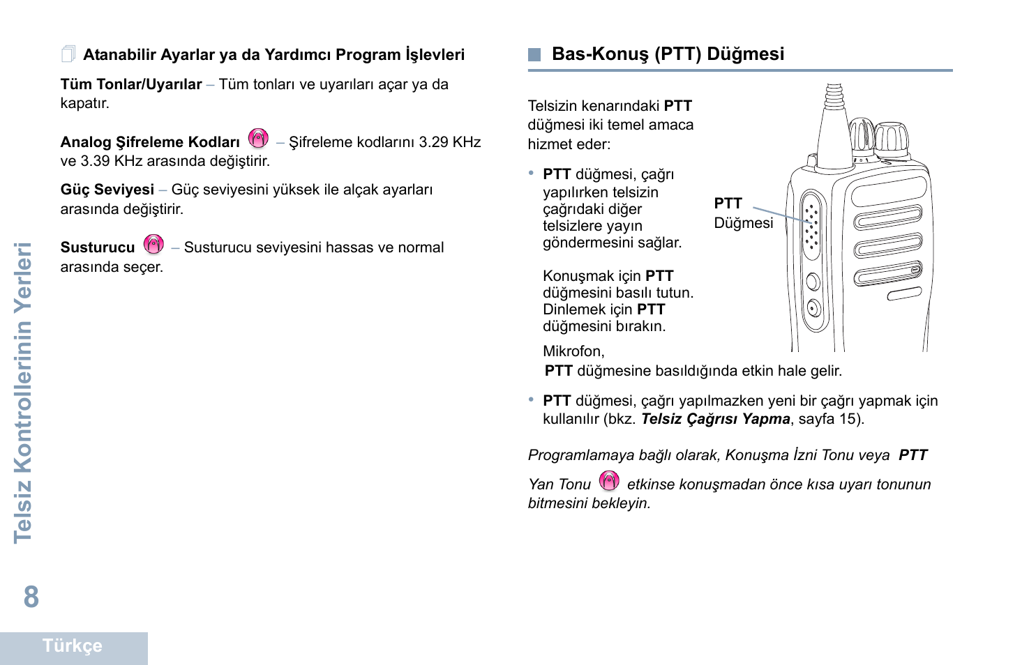 Bas-konuş (ptt) düğmesi, Sayfa 8, Te lsiz kontrollerinin y erleri | Motorola DP 1400 User Manual | Page 234 / 402