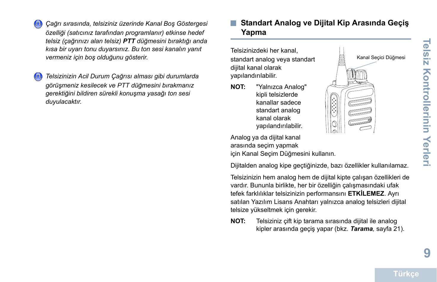 Standart analog ve dijital kip, Arasında geçiş yapma, Standart analog ve dijital kip arasında | Geçiş yapma, Sayfa 9 | Motorola DP 1400 User Manual | Page 235 / 402