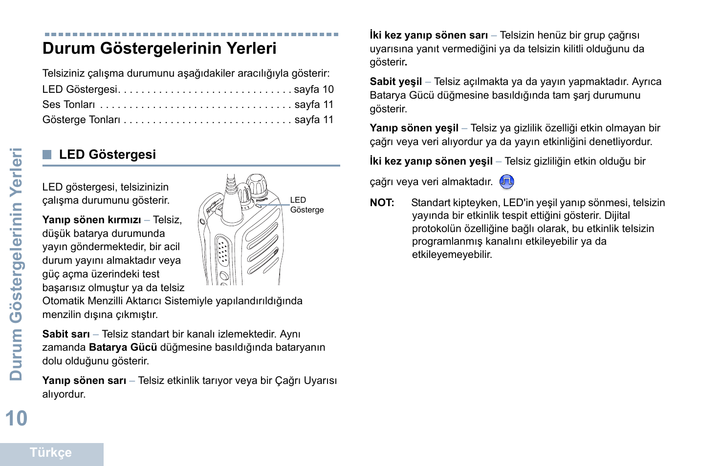 Durum göstergelerinin yerleri, Led göstergesi, Durum göstergelerinin y erleri | Motorola DP 1400 User Manual | Page 236 / 402