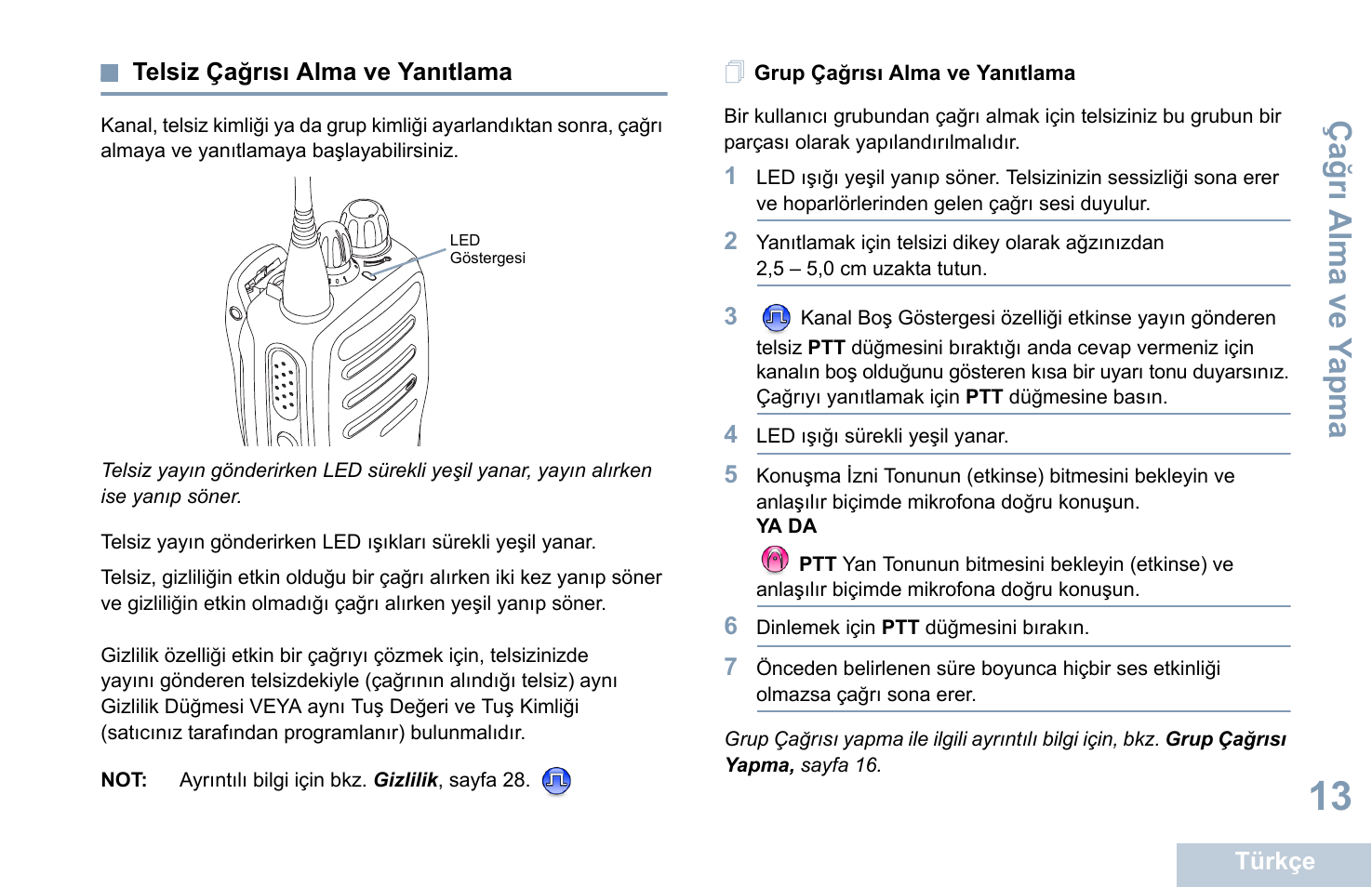 Telsiz çağrısı alma ve yanıtlama, Grup çağrısı alma ve yanıtlama, Sayfa 13 | Ça ğ rı alma ve y apma | Motorola DP 1400 User Manual | Page 239 / 402