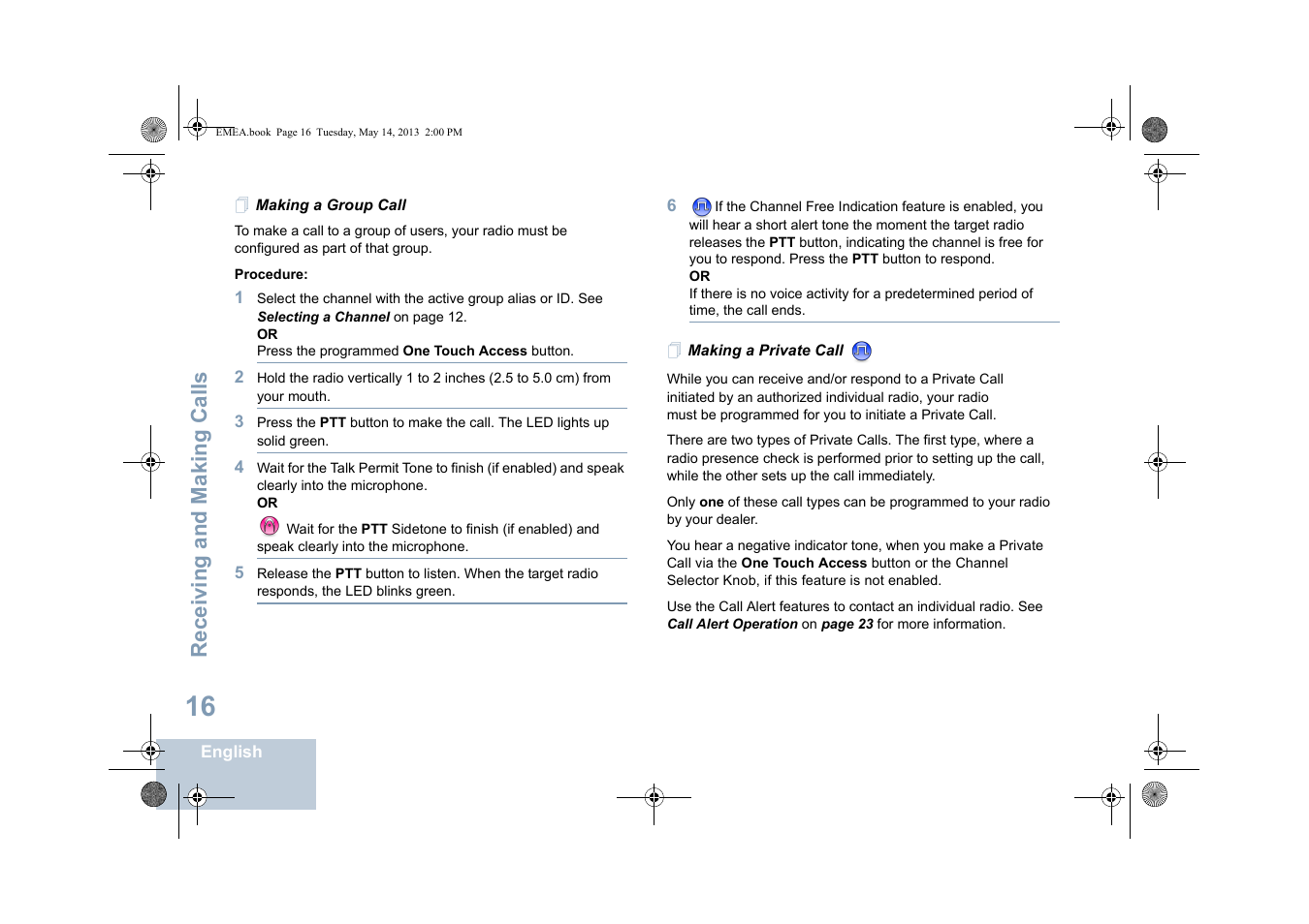 Making a group call, Making a private call, Making a group call making a private call | See making a private call, Receiving and making calls | Motorola DP 1400 User Manual | Page 24 / 402