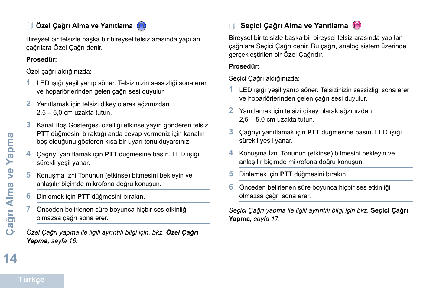 Özel çağrı alma ve yanıtlama, Ça ğ rı alma ve y apma | Motorola DP 1400 User Manual | Page 240 / 402