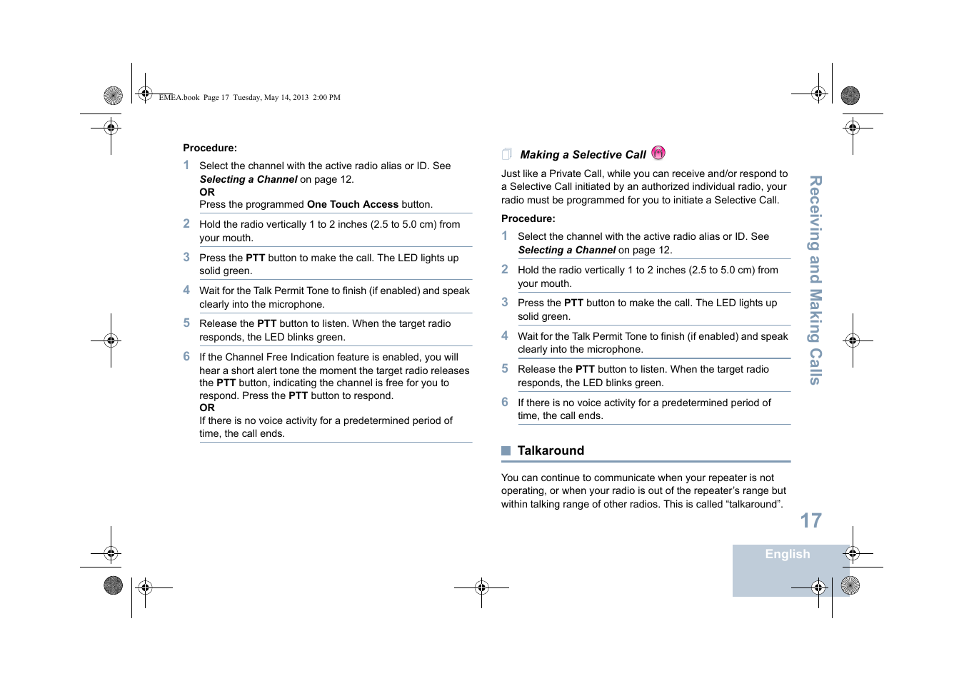 Making a selective call, Talkaround, See making a selective call | Receiving and making calls | Motorola DP 1400 User Manual | Page 25 / 402