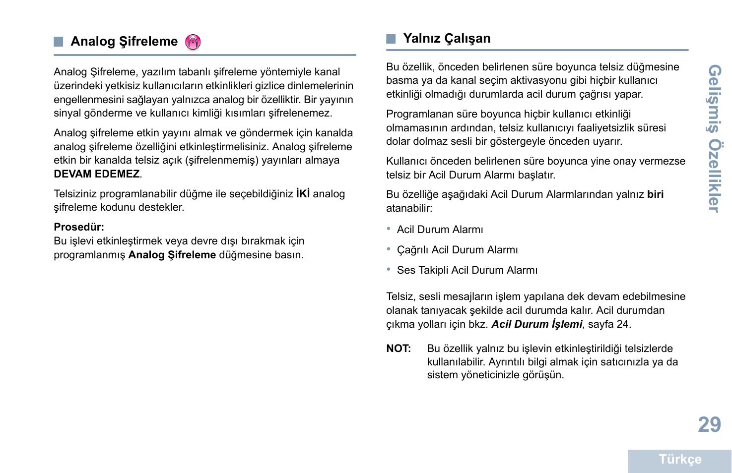 Analog şifreleme, Yalnız çalışan, Analog şifreleme yalnız çalışan | Sayfa 29, Geli şmi ş özellikler | Motorola DP 1400 User Manual | Page 255 / 402