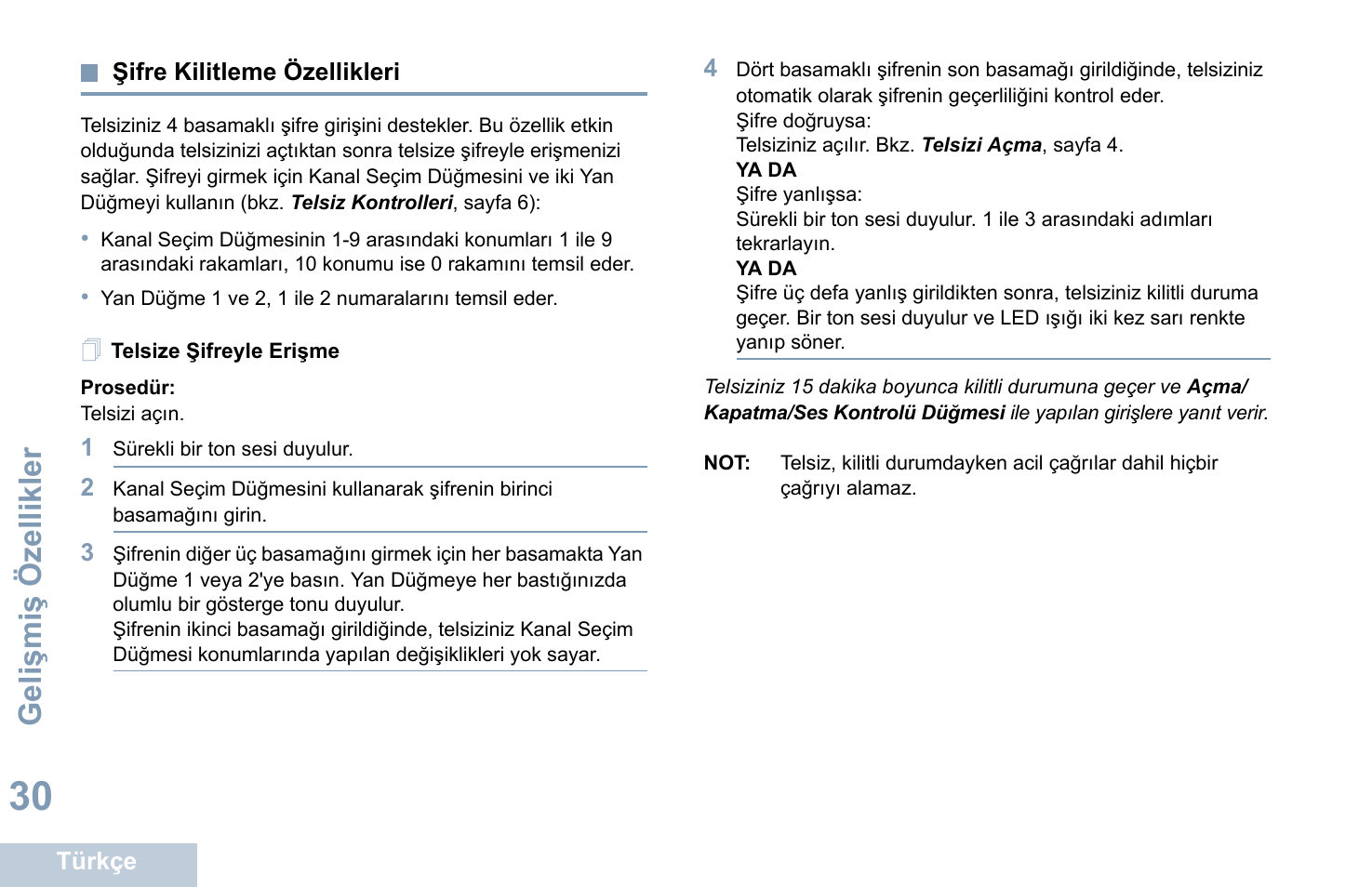 Şifre kilitleme özellikleri, Telsize şifreyle erişme, Sayfa 30 | Motorola DP 1400 User Manual | Page 256 / 402