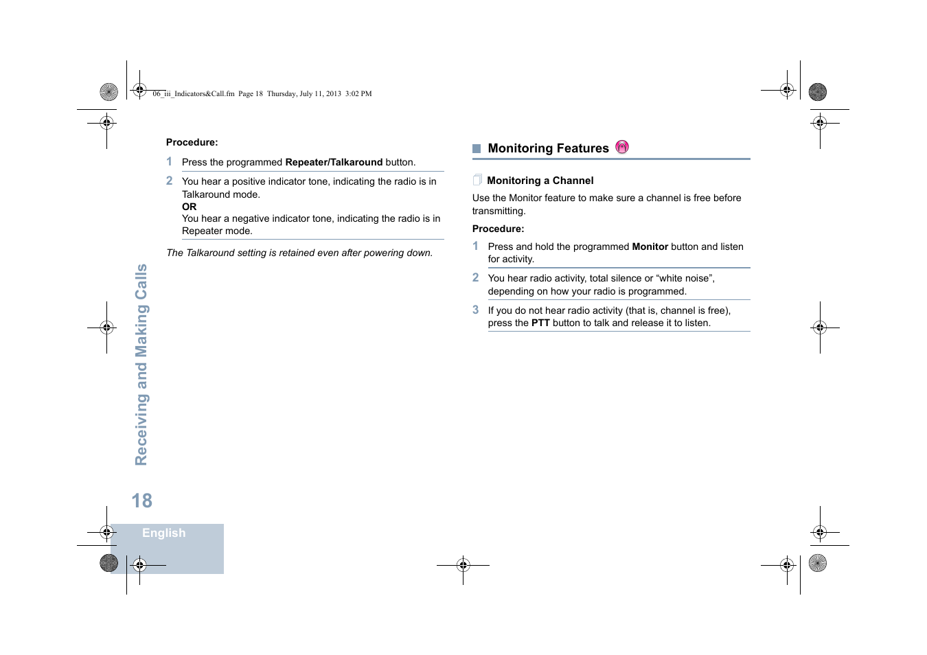 Monitoring features, Monitoring a channel, Receiving and making calls | Motorola DP 1400 User Manual | Page 26 / 402