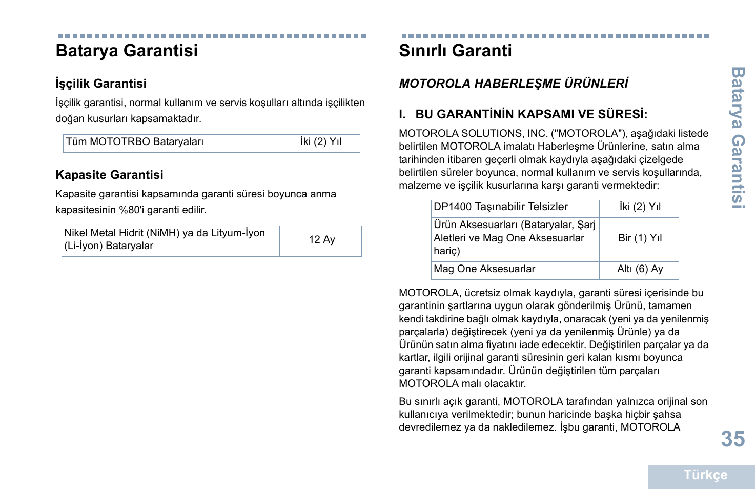 Batarya garantisi, Işçilik garantisi, Kapasite garantisi | Sınırlı garanti, Motorola haberleşme ürünleri, I. bu garantinin kapsami ve süresi, Bat arya garantisi | Motorola DP 1400 User Manual | Page 261 / 402