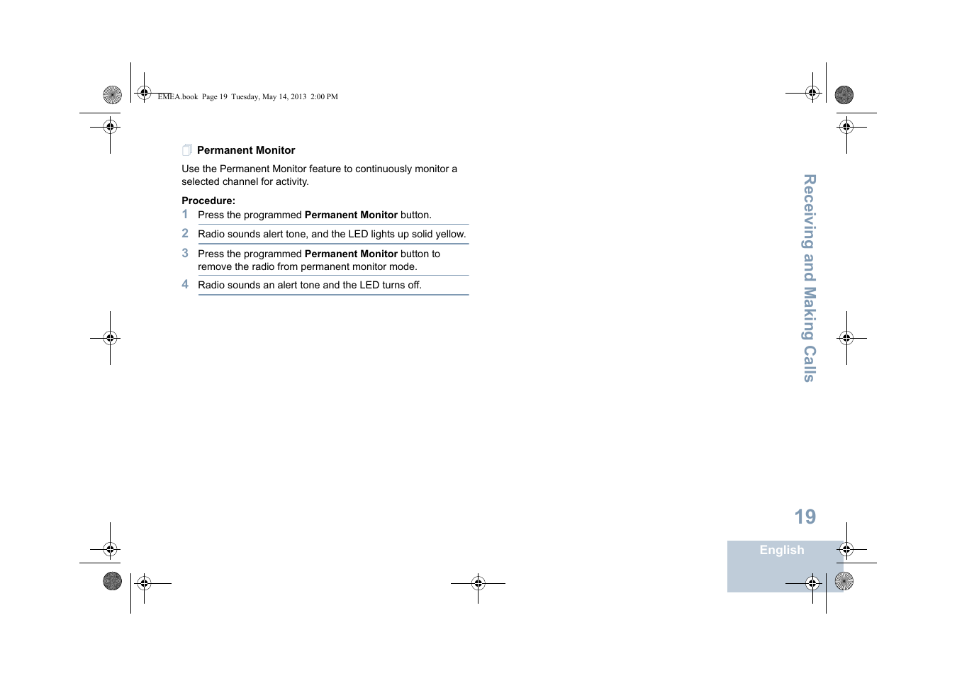 Permanent monitor, Receiving and making calls | Motorola DP 1400 User Manual | Page 27 / 402