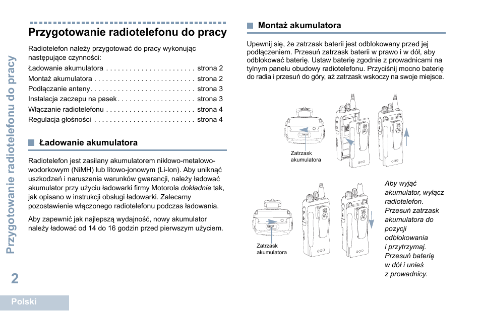 Przygotowanie radiotelefonu do pracy, Ładowanie akumulatora, Montaż akumulatora | Ładowanie akumulatora montaż akumulatora | Motorola DP 1400 User Manual | Page 272 / 402