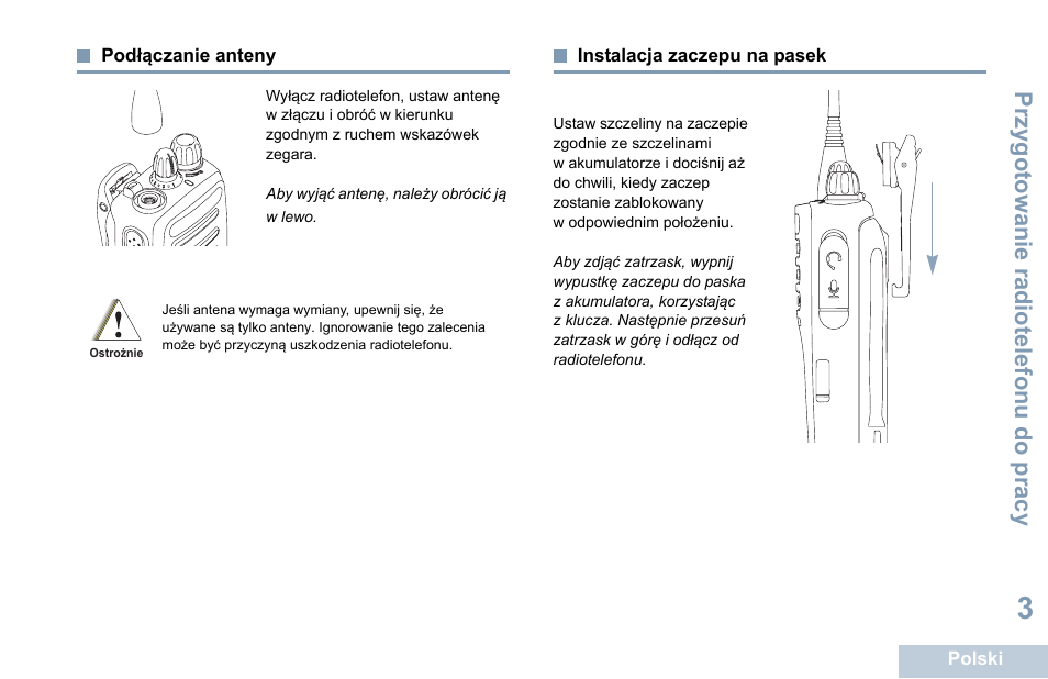 Podłączanie anteny, Instalacja zaczepu na pasek | Motorola DP 1400 User Manual | Page 273 / 402