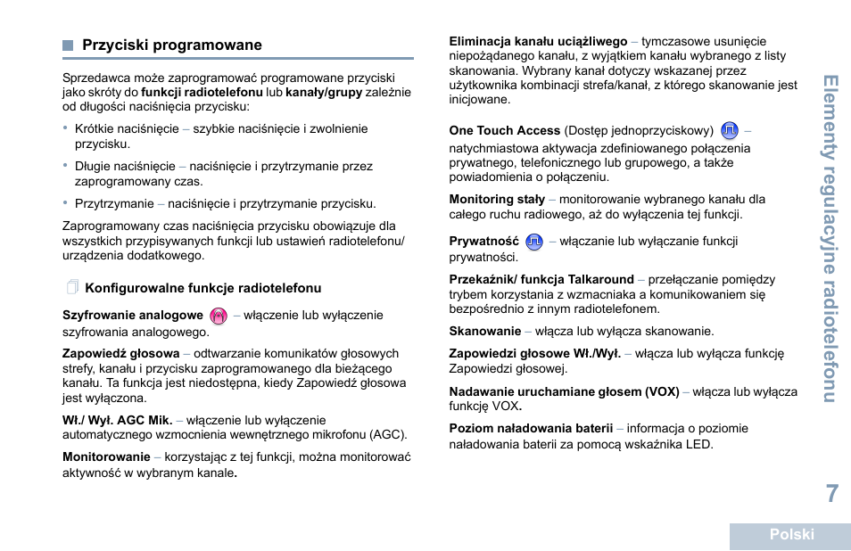 Przyciski programowane, Konfigurowalne funkcje radiotelefonu, Elementy regulacyjne radiotelefonu | Motorola DP 1400 User Manual | Page 277 / 402