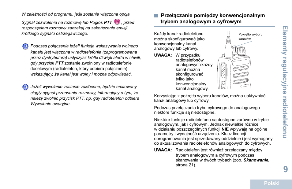 Przełączanie pomiędzy konwencjonalnym, Trybem analogowym a cyfrowym, Elementy regulacyjne radiotelefonu | Motorola DP 1400 User Manual | Page 279 / 402