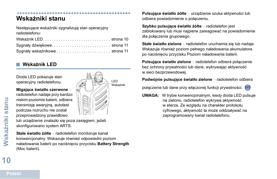 Wskaźniki stanu, Wskaźnik led, Wska źniki st anu | Motorola DP 1400 User Manual | Page 280 / 402