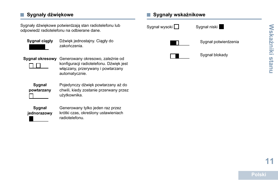 Sygnały dźwiękowe, Sygnały wskaźnikowe, Sygnały dźwiękowe sygnały wskaźnikowe | Wska źniki st anu | Motorola DP 1400 User Manual | Page 281 / 402