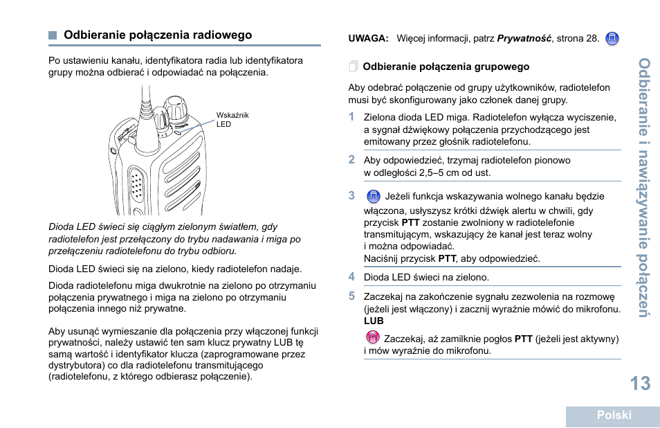 Odbieranie połączenia radiowego, Odbieranie połączenia grupowego, Odbieranie i nawi ązy wa nie po łą cze ń | Motorola DP 1400 User Manual | Page 283 / 402