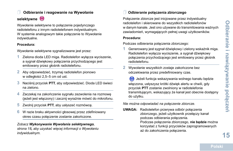 Odbieranie połączenia zbiorczego, Odbieranie i nawi ązy wa nie po łą cze ń | Motorola DP 1400 User Manual | Page 285 / 402