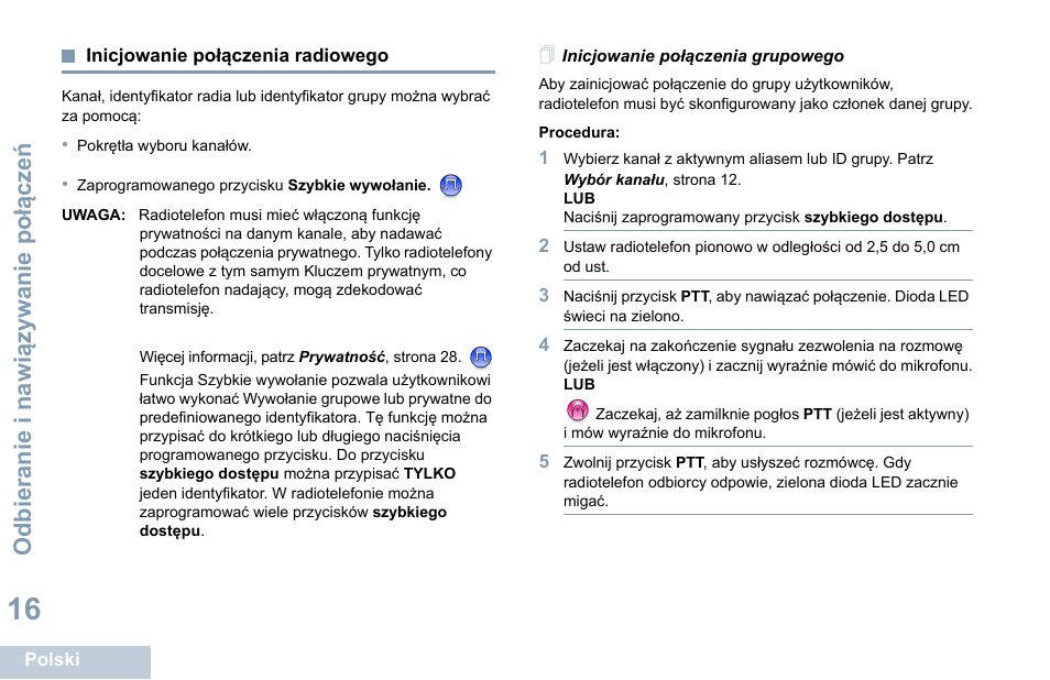 Inicjowanie połączenia radiowego, Inicjowanie połączenia grupowego | Motorola DP 1400 User Manual | Page 286 / 402