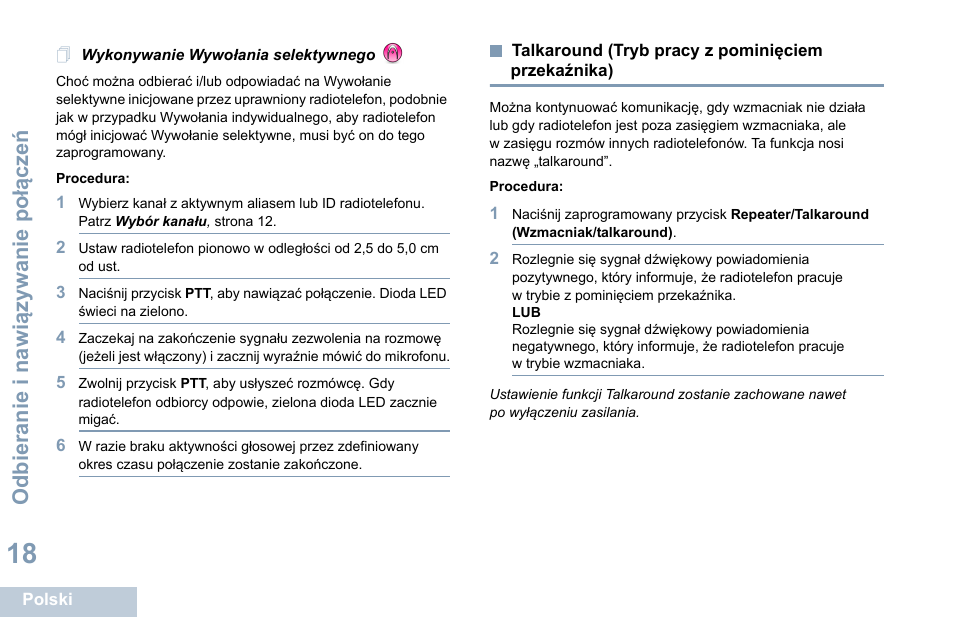 Wykonywanie wywołania selektywnego, Talkaround (tryb pracy z pominięciem przekaźnika), Talkaround (tryb pracy z pominięciem | Przekaźnika) | Motorola DP 1400 User Manual | Page 288 / 402